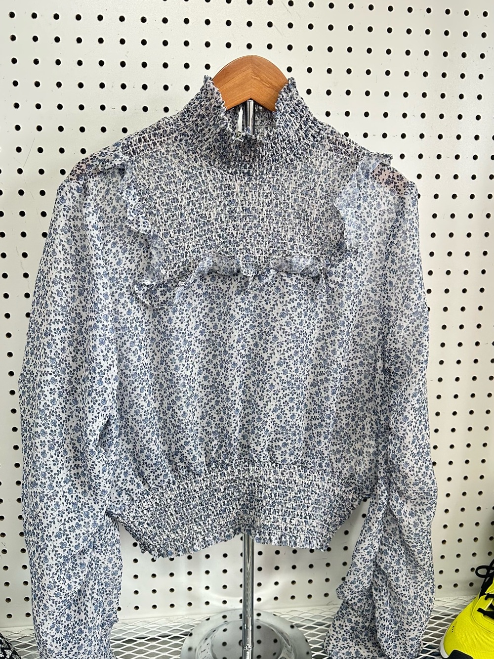 H&M Blue Floral Smocked Ruffle High-Neck Blouse